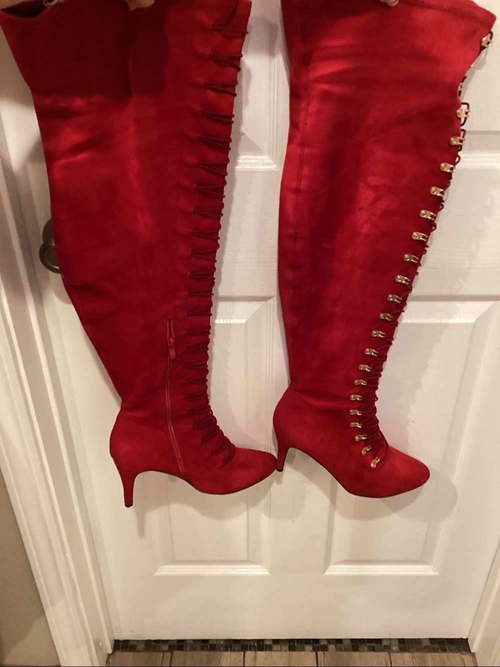 Red Over-the-Knee Lace-Up Heeled Boots - Women's